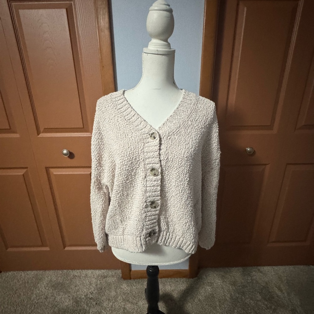 LOFT Cream Textured V-Neck Button Cardigan